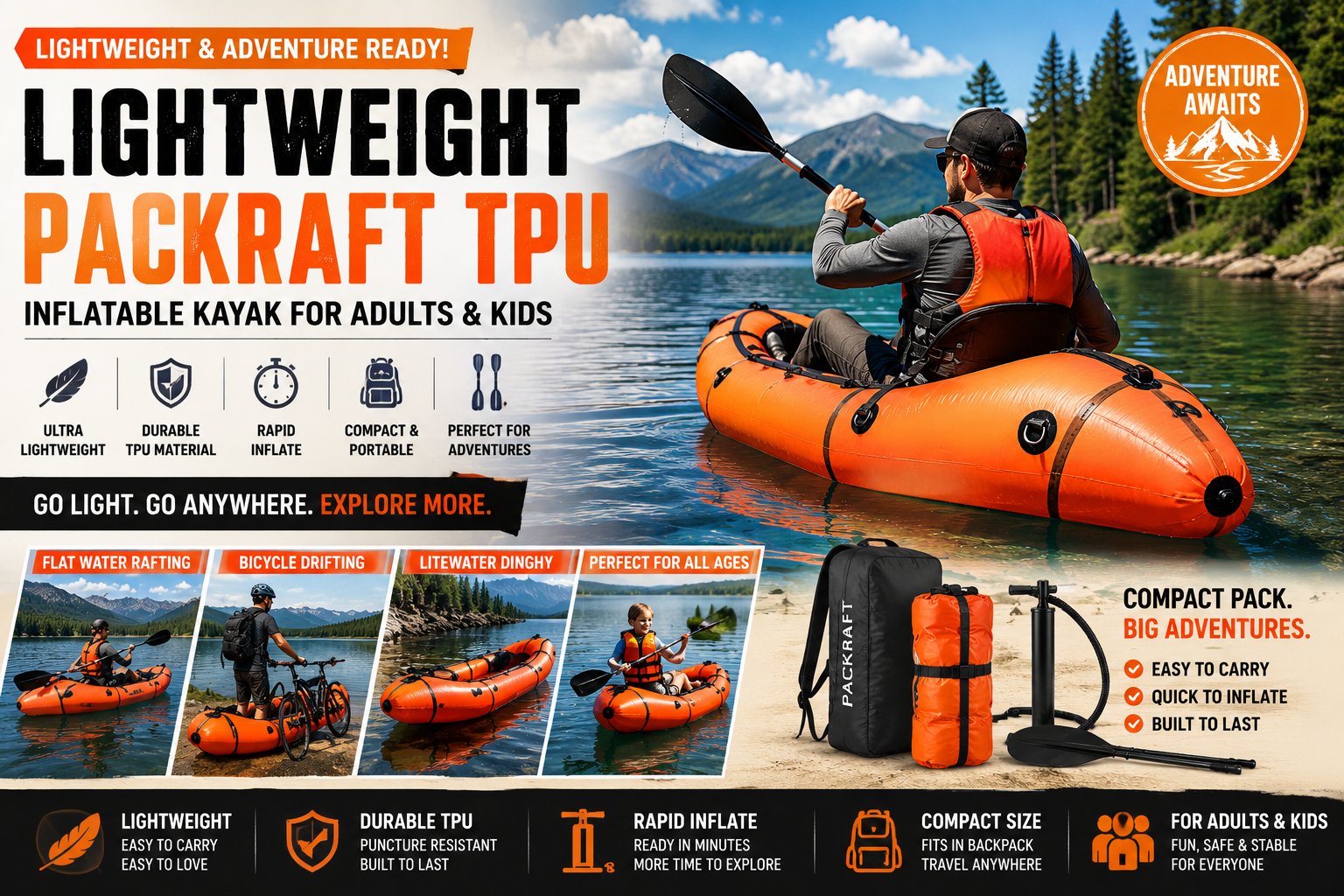 Best Lightweight Packraft TPU Inflatable Kayak For Adult