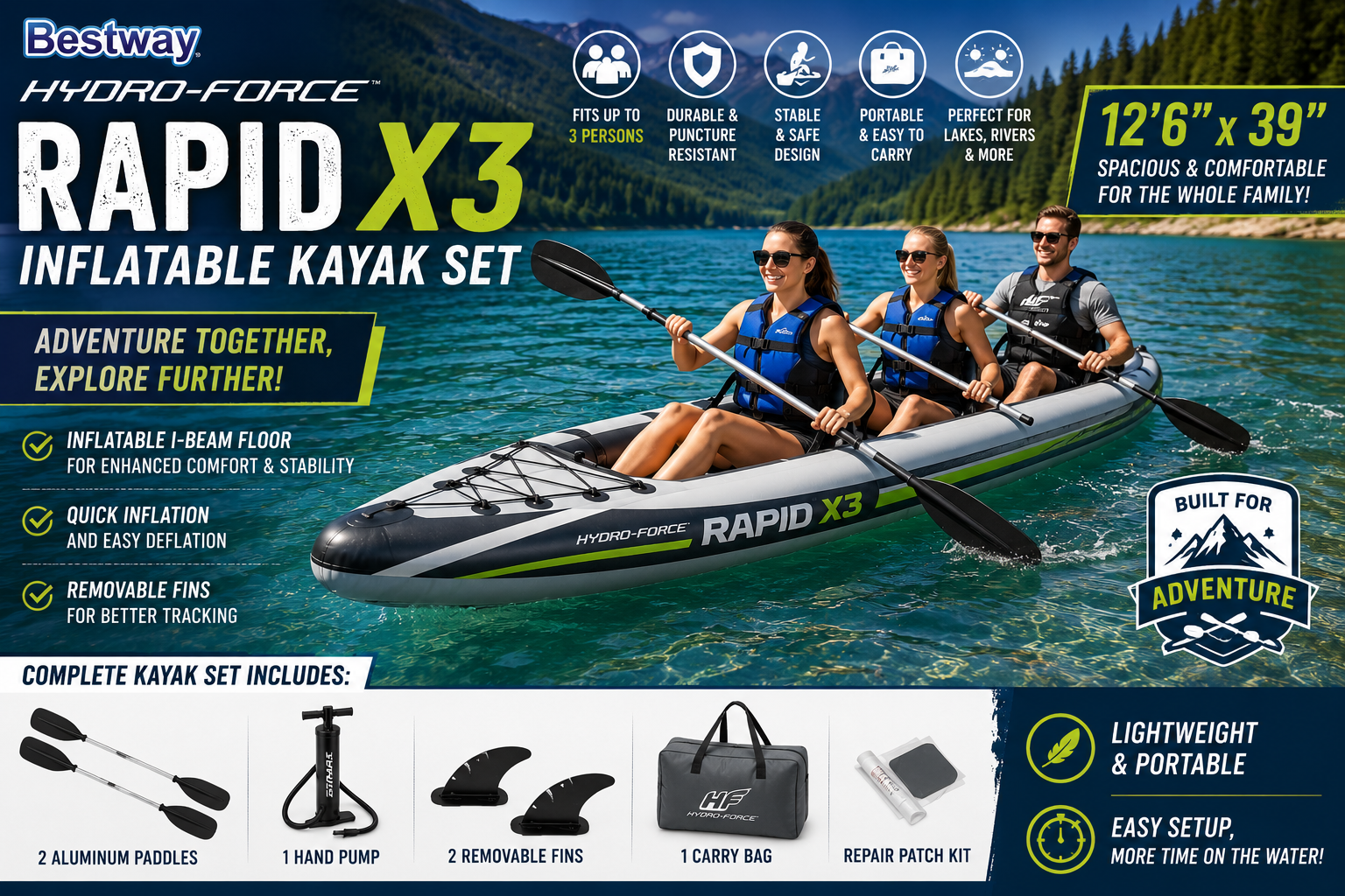 Best Inflatable Kayak Bestway Hydro-Force Rapid X3 FOR 3 PERSON