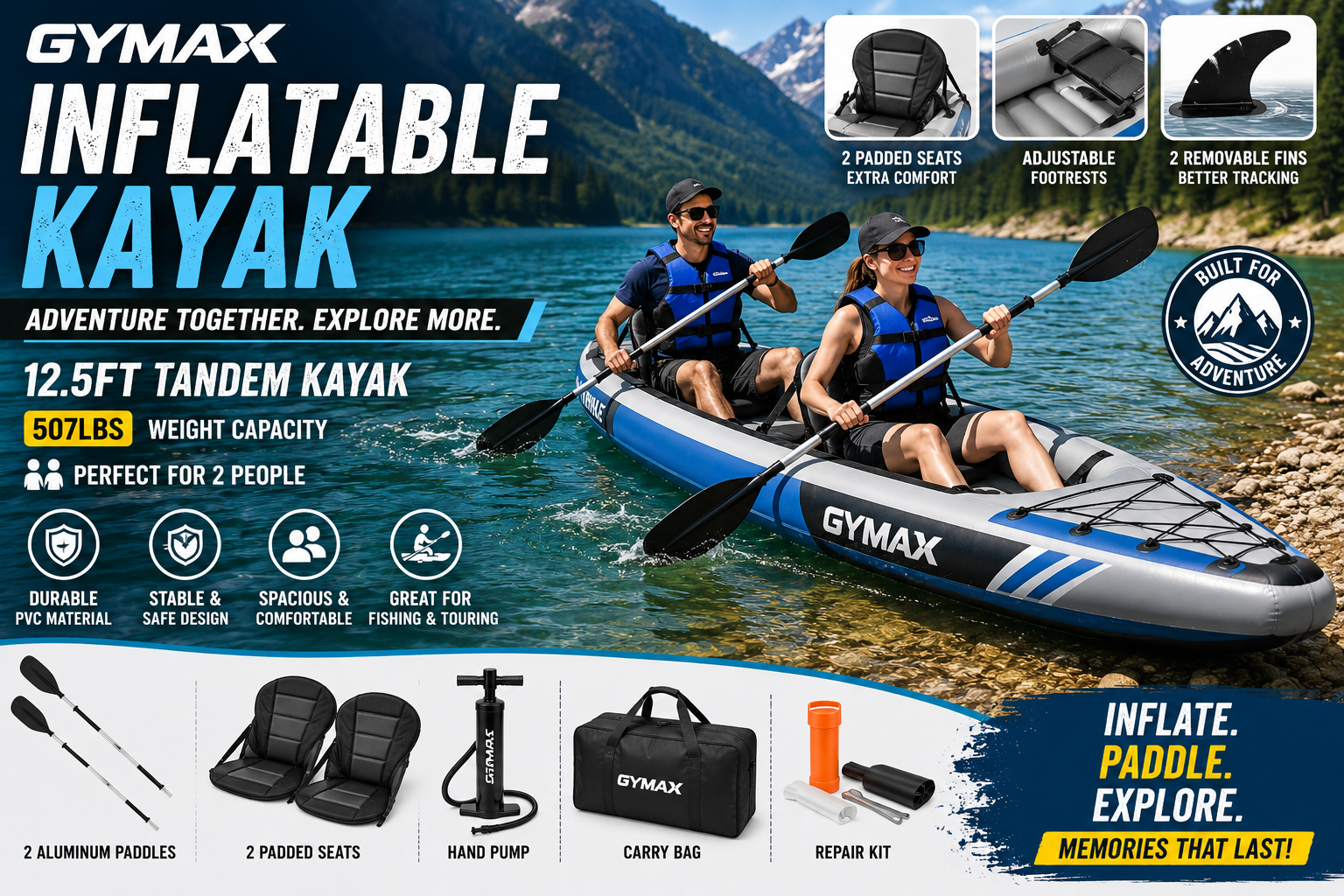 GYMAX Inflatable Kayak Best Tandem Kayak for  Adventures