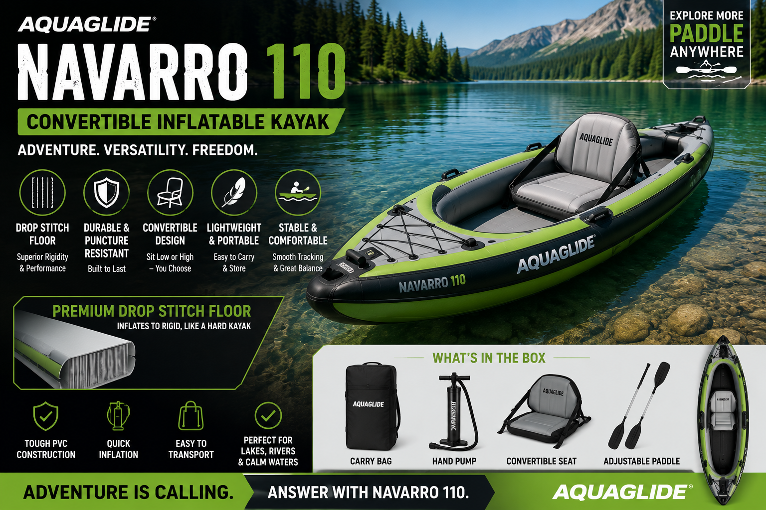 Best AQUAGLIDE Navarro 110 Convertible Inflatable Kayak