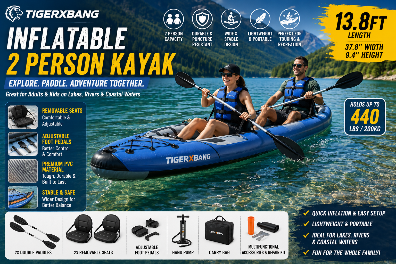 TIGERXBANG Inflatable Kayak  with Removable Seat For Adults & Kids